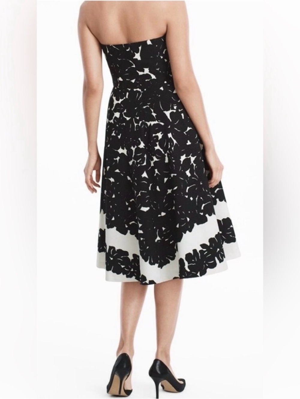 NWOT, Size 8, White House Black Market Black & White Strapless Floral Midi Dress - Picture 2 of 16